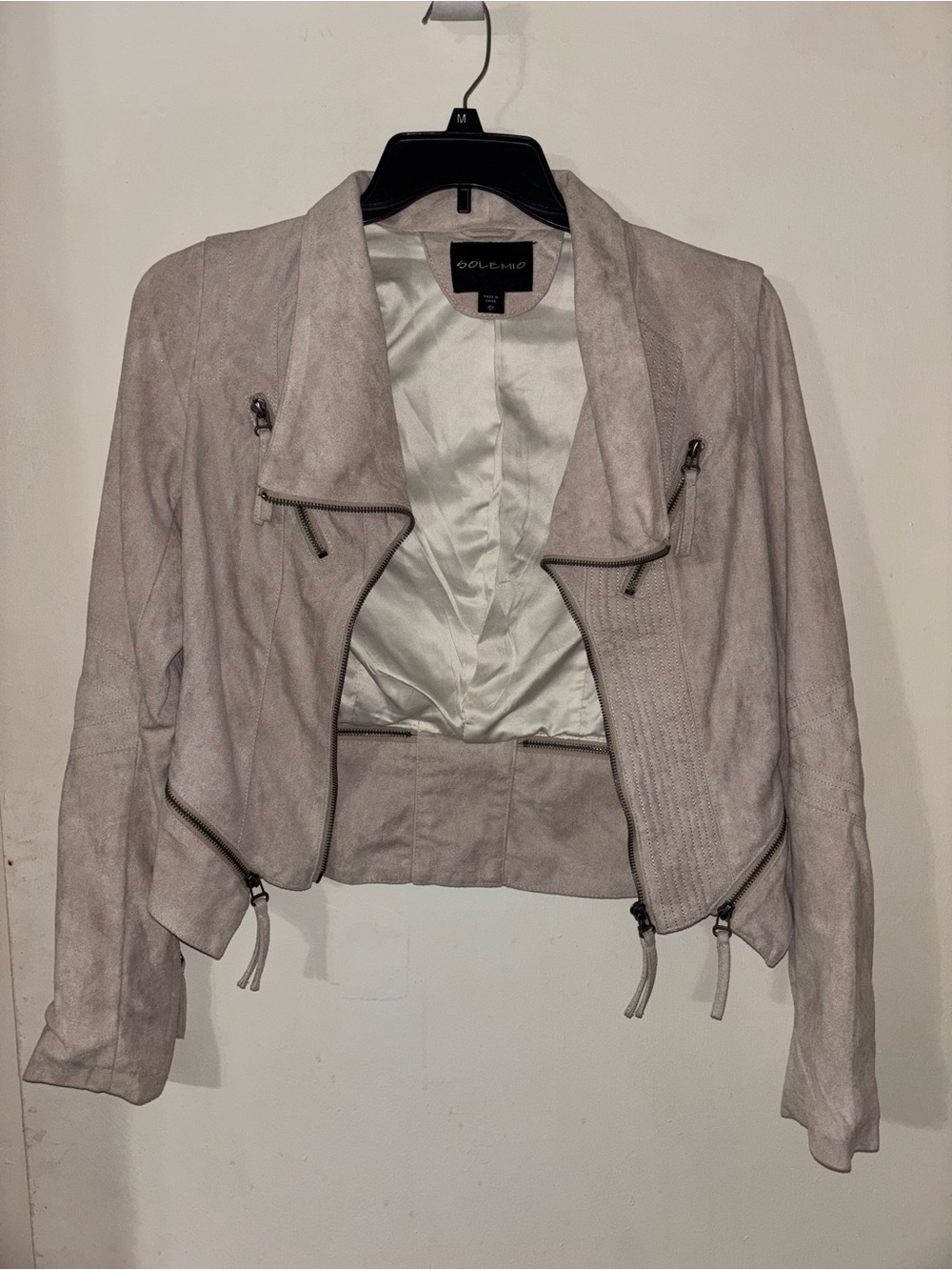 Solemio Light Taupe Suede-Style Cropped Moto Jacket